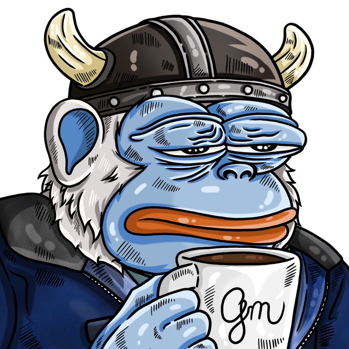 A cartoon illustration of a blue, tired-looking ape character wearing a Viking helmet with horns and holding a white mug labeled 'GM'.