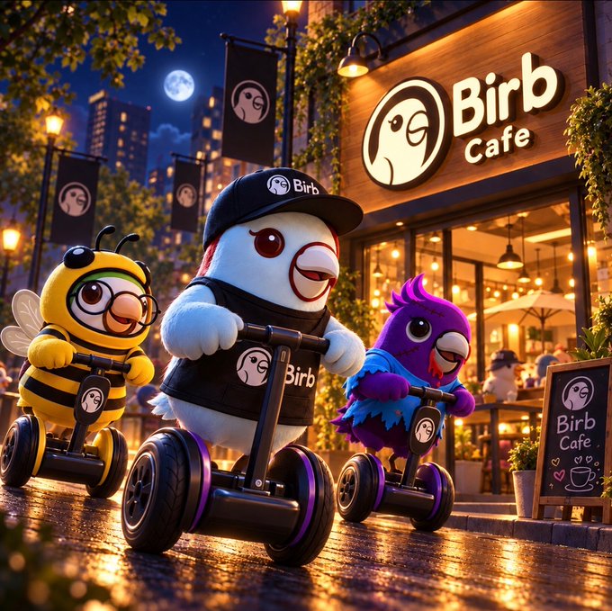A vibrant nighttime digital illustration featuring cartoon birds, including one wearing a "Birb" cap, riding hoverboards in front of a cafe with a "Birb Cafe" sign.