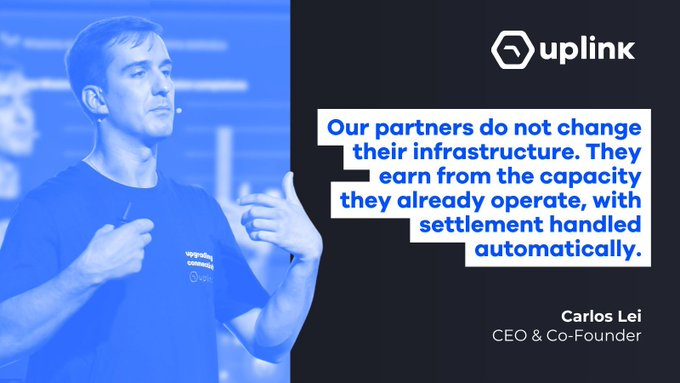 Carlos Lei, CEO & Co-Founder of Uplink, is featured on a promotional graphic with a quote highlighting how Uplink's partners can monetize their existing infrastructure through automatic settlement handling. The image complements the post by visually representing the leadership behind Uplink Marketplace's solution to monetizing unused Wi-Fi offload capacity.