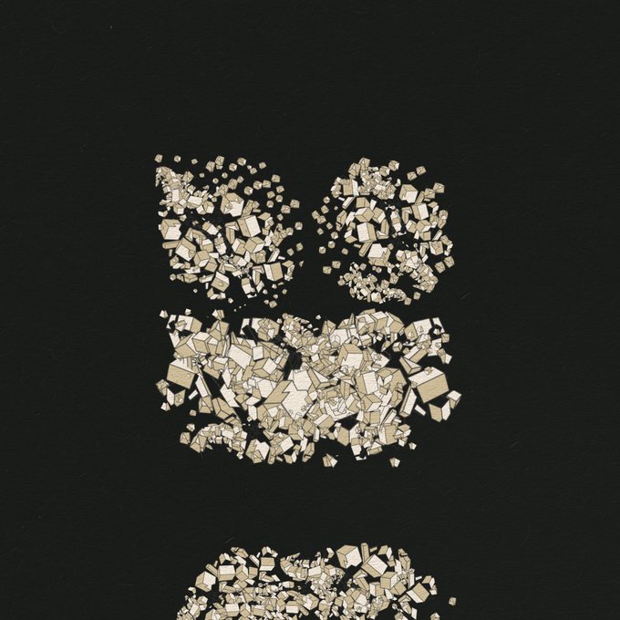 A collection of pixelated, geometric fragments arranged on a black background, forming abstract clusters that resemble shattered or assembled shapes. The image aligns with the post's "gm" greeting and the playful declaration "Opepen is art!", suggesting these crystalline, block-like pieces are part of an artistic or creative project.