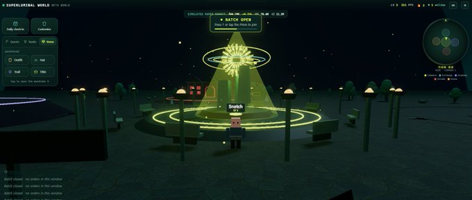 A screenshot from the multiplayer game 'SUPERLITERAL WORLD' shows a 'BATCH OPEN' event with a glowing green tree-like structure in the center of a dark landscape.