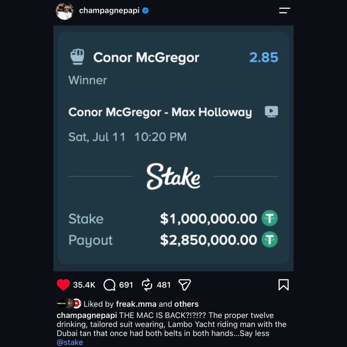 A screenshot of a winning Stake sports bet posted by @champagnepapi (Drake) shows a $1,000,000 bet on Conor McGregor vs. Max Holloway with a potential payout of $2,850,000, aligning with the post about Drake's $2.85M payday if McGregor wins his UFC return.