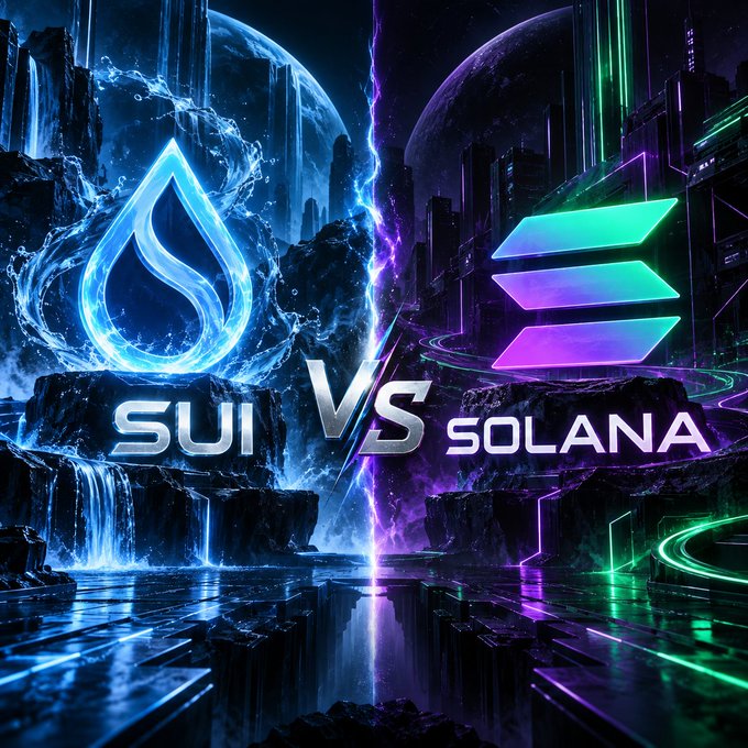 A split-screen digital artwork pits SUI against SOLANA, with each blockchain's logo glowing on its respective side of a fractured, cyberpunk landscape. The blue water-themed SUI emblem dominates the left, while the purple-and-green stacked Solana logo anchors the right, visually framing the post's debate over which chain leads in speed and infrastructure.
