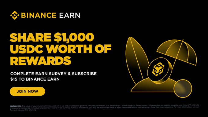 A Binance Earn promotional graphic with a black and gold color scheme announces a chance to "SHARE $1,000 USDC WORTH OF REWARDS" by completing an Earn survey and subscribing $15, featuring a "JOIN NOW" button alongside an illustration of coins and an umbrella. The image directly supports the accompanying post about the Summer Earn Fiesta, highlighting the $1,000 USDC reward pool and $15 subscription requirement to participate in the Binance WhatsApp survey campaign.