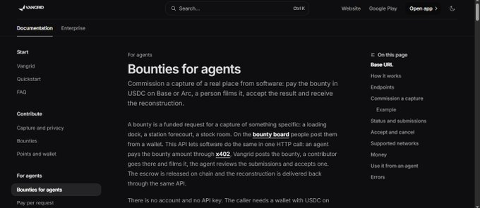 A Vangrid documentation webpage titled 'Bounties for agents' explaining how commissions work for capturing real places from software using USDC on Base or Arc, with navigation including Start, Vangrid, Quickstart, FAQ, Contribute, Capture and privacy, Bounties, Points and wallet, For agents, and Pay per request.