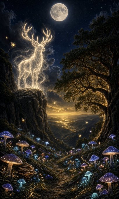 A fantasy digital artwork showing a glowing ethereal deer with large antlers standing on a rocky cliff under a full moon, with glowing blue and purple mushrooms and fireflies scattered across the forest below.