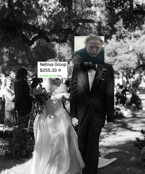 A black-and-white photo of a bride and groom holding hands on their wedding day has been edited with a stock-ticker overlay showing "Nebius Group $255.33 ⊙" and a meme image of Willem Dafoe labeled "Get up," humorously suggesting that despite celebrating the best day of his life, the $NBIS investor refuses to sell and keeps being told to get back up and hold.