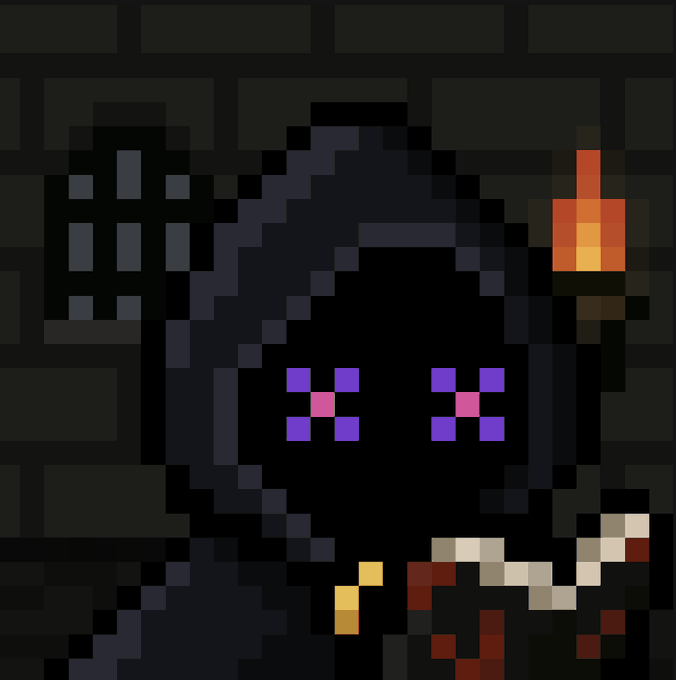 A pixel art illustration of a dark, hooded character with glowing purple, X-shaped eyes, holding a torch with orange flames in a dark, dungeon-like setting.