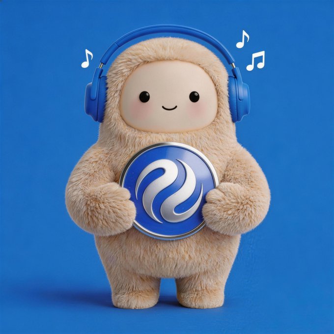 A smiling plush mascot with headphones holds a blue coin displaying the Injective logo, while musical notes float around it—visually representing the post "Injective with Muse" by combining the Injective blockchain's branding with a music-themed character.