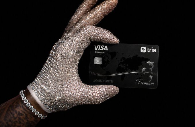 The image features a hand holding a Visa credit card with the words "Visa Premium" written on it. The hand is wearing a silver glove that has a diamond-studded design, giving it an elegant appearance. The background of the image is black, which contrasts with the white text and makes the credit card stand out prominently.