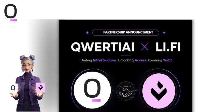 The image features a woman standing next to a poster or sign that says "Qwerti AI x LI.FI" along with some text about partnership announcements, webinars, and DeFi. The woman appears to be holding up a small purple square on her hand.