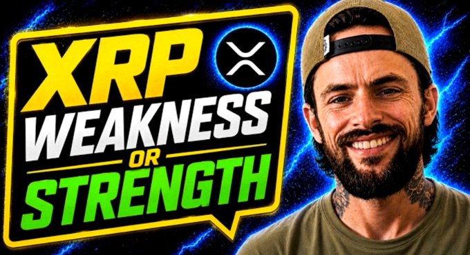 A bearded man wearing a backwards cap smiles alongside bold text reading "XRP WEAKNESS OR STRENGTH" with the XRP logo, fitting the video's analysis of XRP's price action through RSI, EMA, and support/resistance levels.