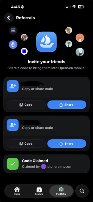 The image shows a phone screen displaying an app called "Referrals", which appears to be related to social media or networking platforms. The main focus of the image is a screenshot of the app's interface, with various buttons and icons representing different features such as invite friends, copy or share code, and claim codes. There are also several other smaller images on the screen that may provide additional information about the app or its functionality.