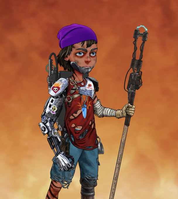 A detailed digital illustration showcases a rugged post-apocalyptic youth with a purple beanie, mechanical prosthetic arm, and electric staff, set against an orange apocalyptic sky—reflecting the post's praise for Joe Ruiz Art's intricate craftsmanship compared to typical 8-bit NFT art. Visible text includes small skull and "Dead Dog" badges on the character's tactical vest.