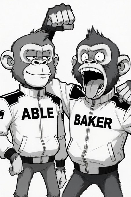 A black and white cartoon illustration of two monkeys in jackets labeled 'ABLE' and 'BAKER,' with the right monkey shouting excitedly.