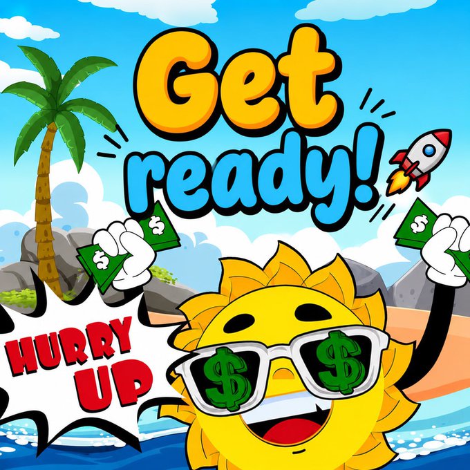 A cartoon sun wearing dollar-sign sunglasses excitedly waves cash with the bold text "Get ready!" and "HURRY UP" alongside a launching rocket, visually reinforcing the post's urgent call to action to buy into the $ANSEM token before its final launch minutes.