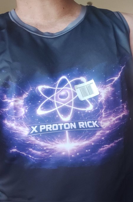 An X-PRON RICK tennis shirt is shown with a silver lightning bolt graphic featuring white particles behind a blue background, likely representing a protective force against electricity. The text reads "X PROTON RICK" followed by "BASKETBALL JERSEY!".