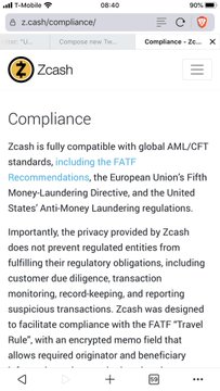 Mobile screenshot of the Zcash website's Compliance page, discussing AML/CFT standards, the FATF, and the European Union's Fifth Money-Laundering Directive.