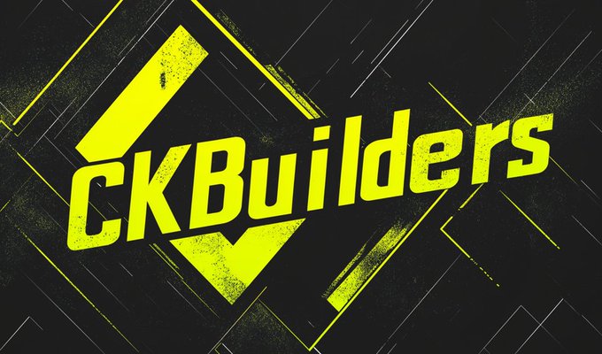 Bold yellow "CK Builders" text on a black background with geometric accents.