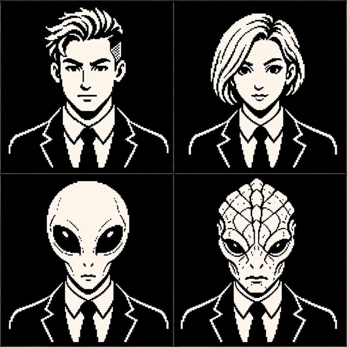 Four black and white illustrations are arranged in a grid, showing people in suits whose faces transition from human to alien features in the bottom row.