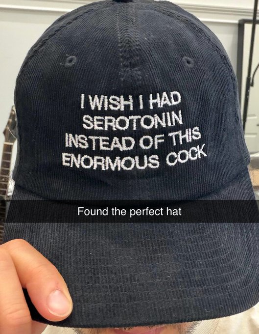 A close-up of a black baseball cap held by a hand, with embroidered white text reading 'I WISH I HAD SEROTONIN INSTEAD OF THIS ENORMOUS COCK', captioned 'Found the perfect hat'.