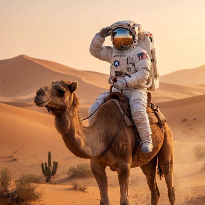 In the image, an astronaut wearing a white spacesuit is riding atop a camel through a desert environment. The scene captures the unique experience of exploring space while being surrounded by nature's elements. The caption "The best paths aren't always green" suggests that this particular journey might be unconventional or challenging due to the harsh conditions of the desert and the presence of the camel, which is not typically associated with space travel.

The astronaut appears to be adjusting their helmet as they ride on the camel, indicating a sense of readiness for any unexpected situations that may arise during their adventure in space. The image serves as a reminder that exploration can take place in various environments and circumstances, pushing the boundaries of human achievement and adaptability.