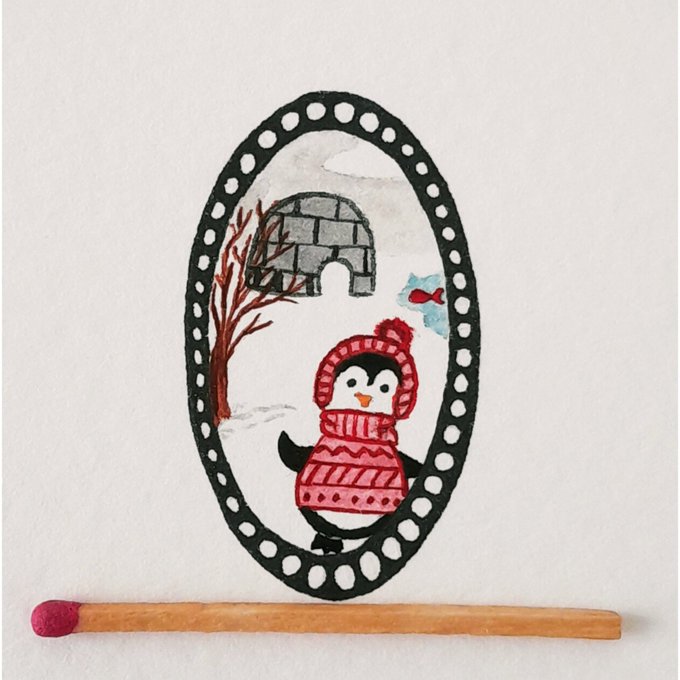 The image features a small cartoon penguin wearing a red sweater, standing next to a matchstick that has been used as a pencil holder. The penguin appears to be looking at its reflection in a mirror, giving the impression of a conversation between the penguin and itself. The post is about greeting someone with "Good morning to you".