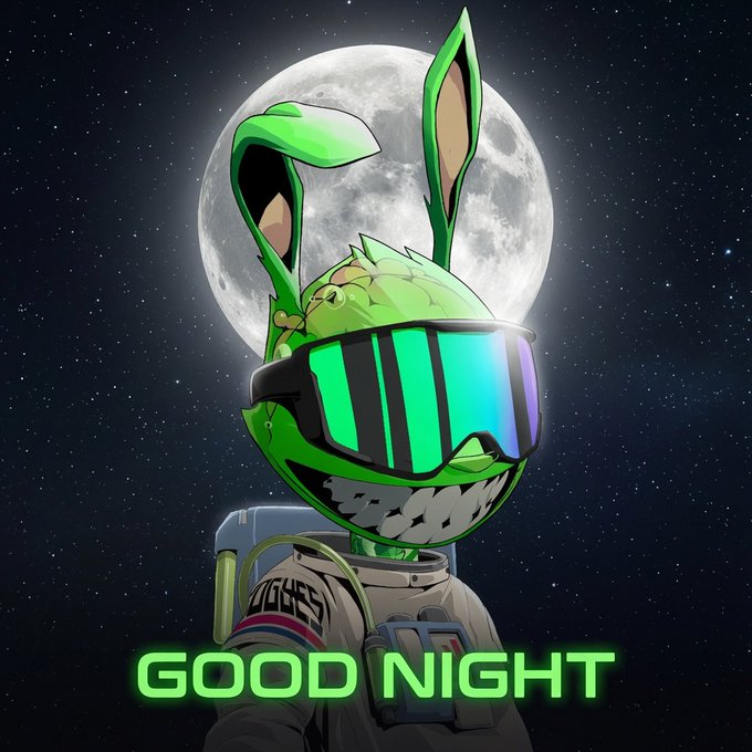 A digital illustration of a green rabbit-like character wearing glowing green ski goggles and an astronaut suit, set against a large moon in space, with 'GOOD NIGHT' text in green.