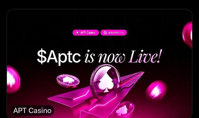 Promotional graphic with the text "$Aptc is now Live!" alongside APT Casino and aptcasino.fun branding, featuring a 3D pink spade coin and casino chip against a dark magenta background, visually announcing the launch of the AptCasino GambleFi ecosystem highlighted in the post.