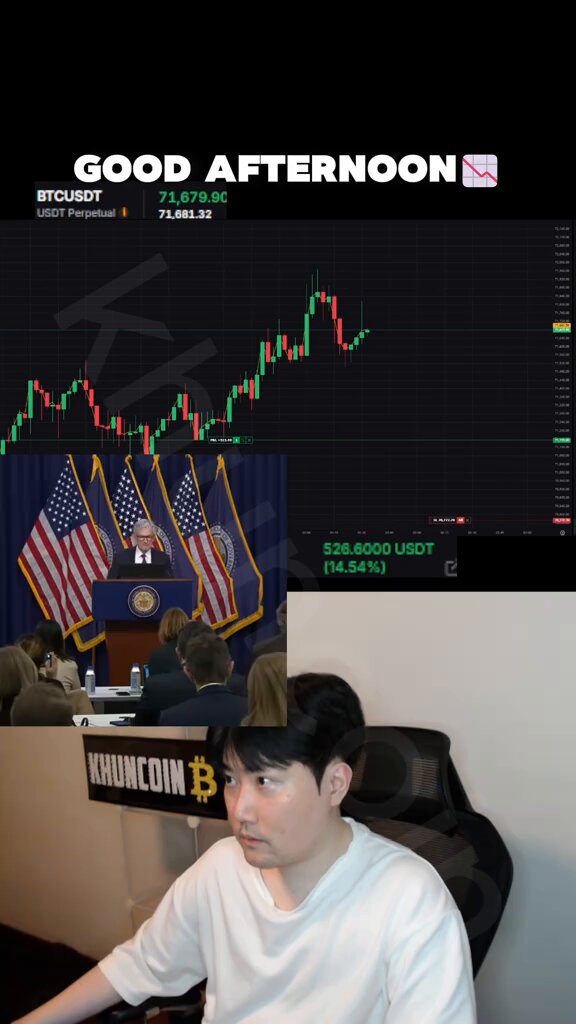 A man sitting behind a computer screen with two images displayed next to him. One of them shows an exchange chart of Bitcoins and Ethers while he is playing a game like "Gameover luôn." The other image depicts a political scene where a speaker is giving a speech at a podium, flanked by the flags of the United States and another country. Below this image, there is text that reads: "Good Afternoon $BTC $ETH Nguồn: tiktok".