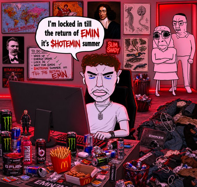 The image features a cartoon depiction of a man sitting at a desk, using a computer while surrounded by various items such as soda cans, fast food wrappers, and other miscellaneous objects. The background includes posters and pictures related to music, specifically the band eminem. The caption on the post reads "We're making $AVAX great again with $HOTEMIN Summer". This suggests that the image is promoting a summer event or gathering centered around the band eminem, possibly featuring food and drinks like soda cans and fast food wrappers as part of the festivities.