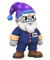 A small figurine of a character resembling a mad scientist with wild gray hair, wearing a purple nightcap and blue coat.