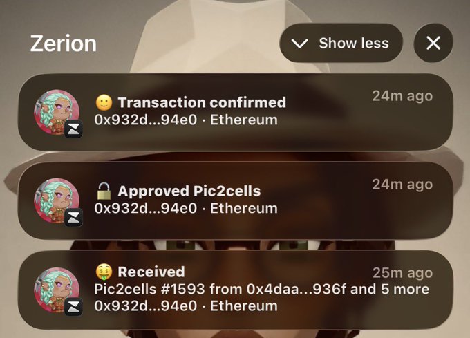 A screenshot of the Zerion wallet app showing recent transaction activity on Ethereum, including a confirmed transaction, an approval for Pic2cells, and a receipt of Pic2cells #1593.