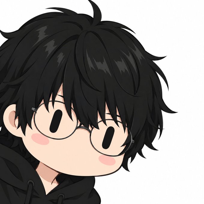 An anime-style chibi illustration features a character with messy black hair, large round glasses, rosy cheeks, and a black hoodie.