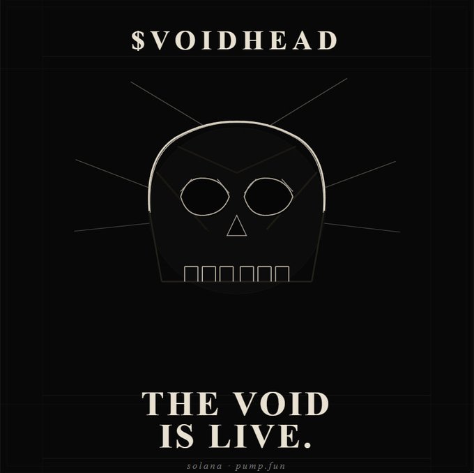 The image features a black background with a white skull design, which appears to be a logo for a company named $VOIDHEAD. The text "The void is live." is written below the skull design, indicating that the void is real and active at this moment.