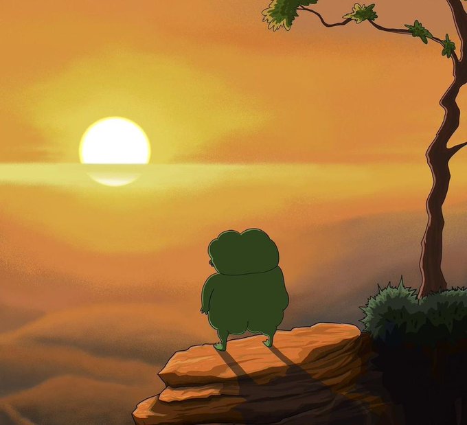 A cartoon illustration of a green frog standing on a rocky cliff edge, watching a large yellow sun set over a sea of clouds, with a tree branch visible on the right.