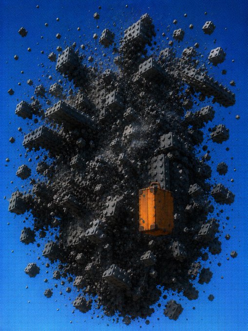3D-rendered surreal scene of a black, cubic asteroid field exploding in space with a single orange container floating at its center against a bright blue sky background.