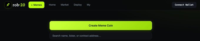 The image shows the "rob•20" meme coin platform interface featuring a prominent green "Create Meme Coin" button and a search bar for tokens, with navigation tabs for Home, Market, Deploy, and a "Connect Wallet" option. The image relates to the post by highlighting Robinhood's (ticker: HOOD) meme coin creation tool, suggesting that integrating Uniswap V4 hooks into Robinhood's platform would enhance its meme coin deployment capabilities.