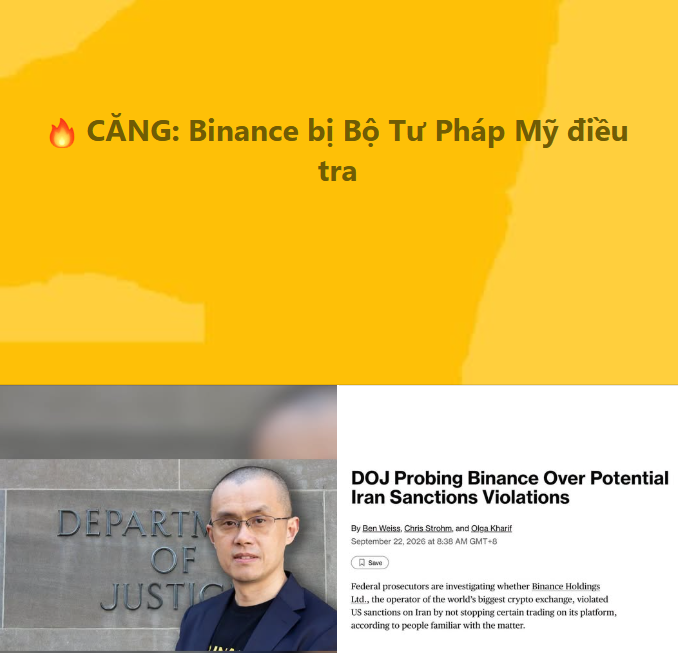 A news graphic with a yellow background displaying the Vietnamese headline "CĂNG: Binance bị Bộ Tư Pháp Mỹ điều tra" above a photo of CZ and an article titled "DOJ Probing Binance Over Potential Iran Sanctions Violations."