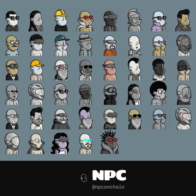 A grid of stylized cartoon NPC characters with various features like sunglasses, hats, and beards, branded as 'NPC @npcOnchain'.