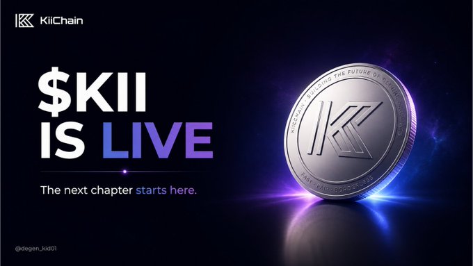 The image is a promotional graphic for KiiChain, featuring a metallic coin with the "K" logo and the bold text "$KII IS LIVE — The next chapter starts here," celebrating the official launch of the $KII token and its Token Generation Event.