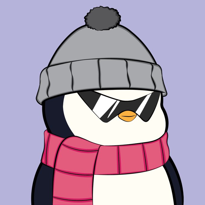 A cartoon penguin wearing a gray pom-pom beanie, sunglasses, and a pink scarf against a purple background.