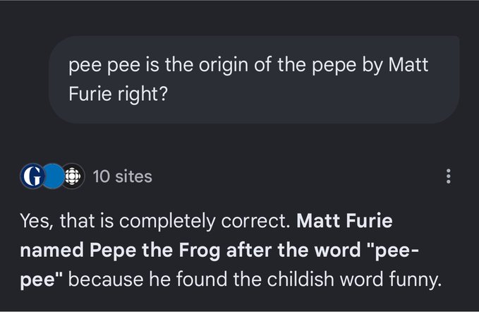 A screenshot of a Google search result confirms that Matt Furie named Pepe the Frog after the childish word "pee-pee," supporting the post's claim about pepenin's "pee pee" origins as shared with the token ticker 5EAUpz8FMcHdpoYNitCzGY9tSAq2kbTJ1bPqBJABpump.