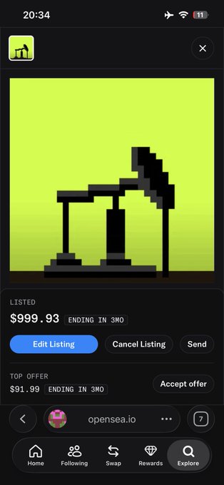A screenshot from OpenSea showing a listed pixel art oil rig NFT with a current price of $999.93, ending in 3 days and 3 hours, while a top offer of $91.99 sits below—aligning with the post's claim of minting an oil rig NFT and "max bidding" to secure it.