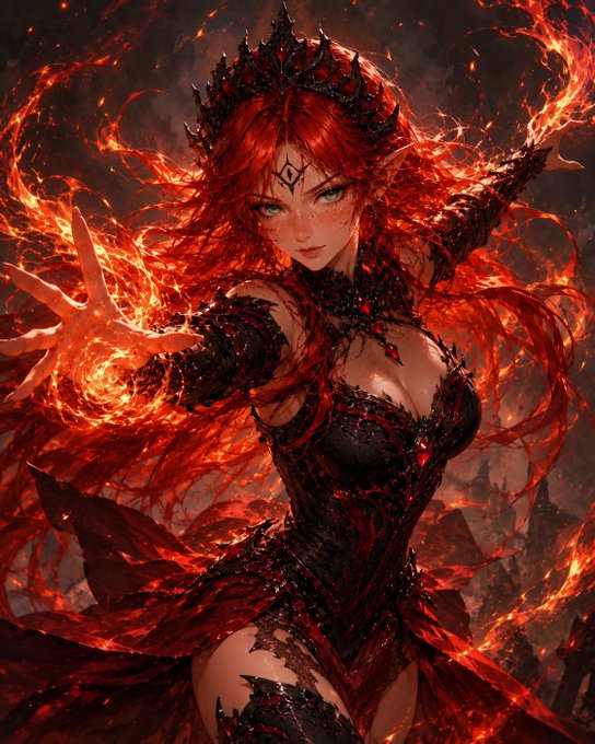 Fantasy digital illustration of a red-haired woman in dark armor with a crown, wielding flames from her hands against a fiery background.