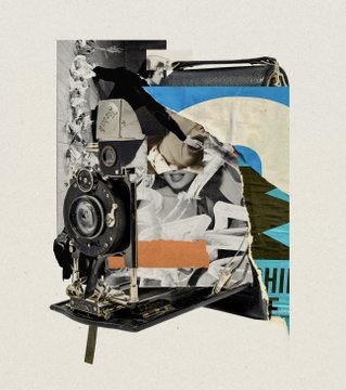 A mixed-media collage artwork combining a torn vintage photograph of a crowd, black and white graphics, with a piece of blue and brown paper collage, and text fragments including 'AHI'.