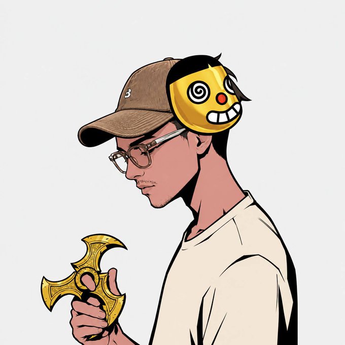 Anime-style illustration of a young man with glasses and brown cap, his face partially obscured by a yellow cartoon emoji mask with spiral eyes and red nose, holding a golden ornamental weapon.