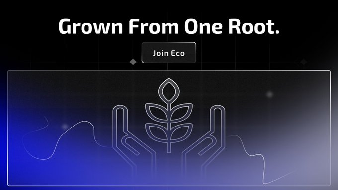 A digital graphic with the text "Grown From One Root." above a "Join Eco" button, featuring a line-art illustration of hands cradling a growing plant.