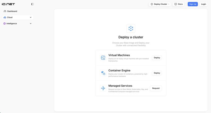 IONET dashboard interface showing options to 'Deploy a cluster' with three services: Virtual Machines, Container Engine, and Managed Services, featuring a sidebar menu with Dashboard, Cloud, and Intelligence sections.