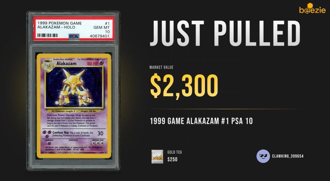 The image features a Pokemon card, specifically a Pikachu card, placed inside a black frame against a white background. The text "Just pulled" is written above the Pikachu card, indicating that the card has been removed from its original position or display. The image also includes a caption below it that reads "Gm @Beezie Nice way to start a Monday Thanks @SolanaSensei for showing me this protocol".